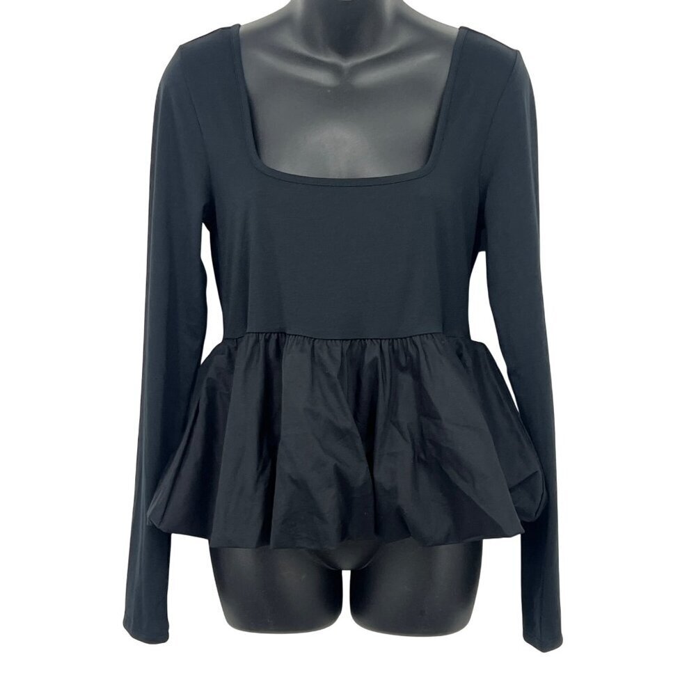 Silence + Noise Large Top Blouse Black Long Sleeve Square Peplum Urban Outfitter